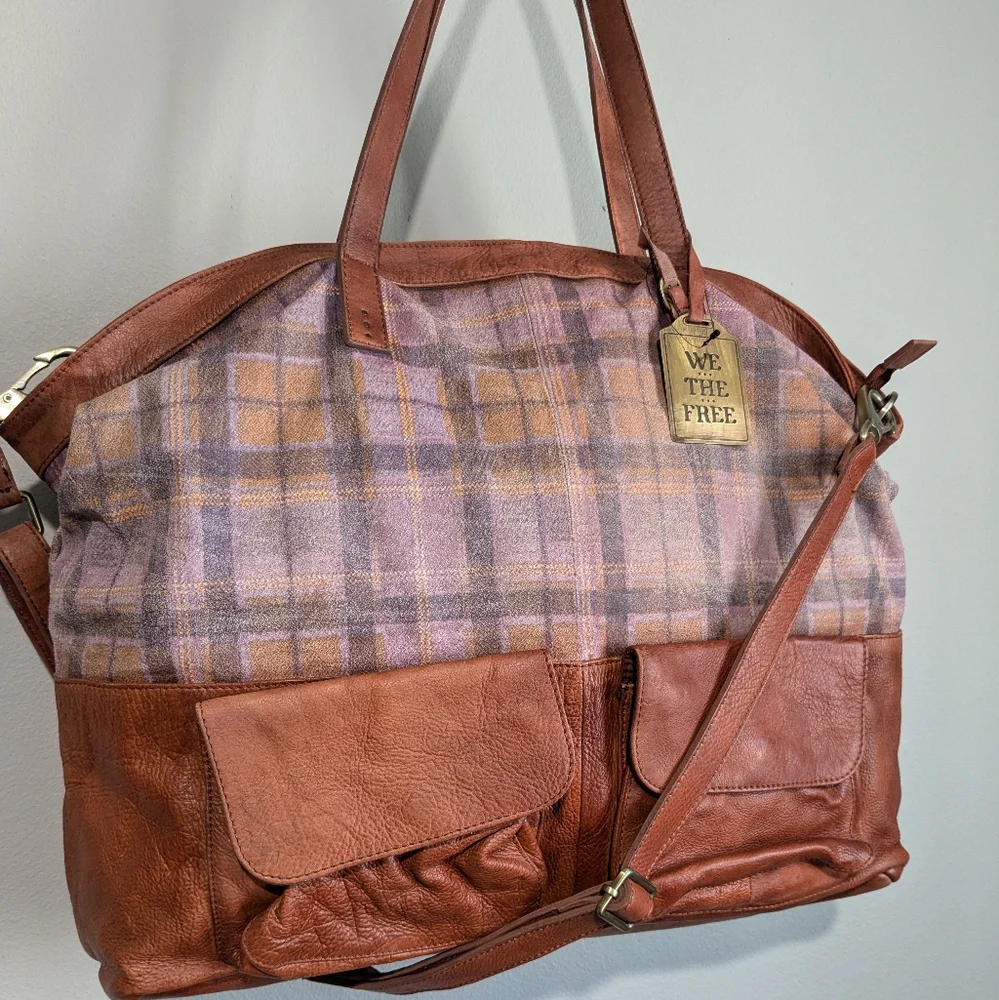Free People We the Free Leather Rockport Tote Madras Plaid - Picture 4 of 12